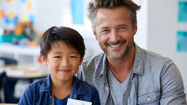 Medium shot of male tutor working with Asian boy age 7 at classroom desk. Both smiling at camera. One-on-one support, special education tutoring, mentorship concept.