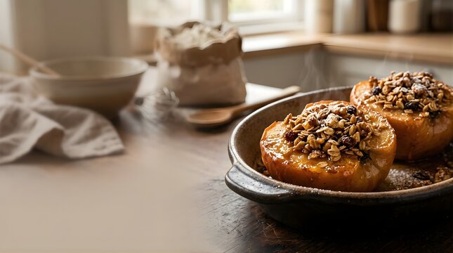 Baked apples stuffed with oats and spices in a rustic kitchen setting