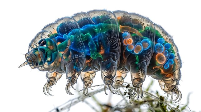 Microscopic view of a tardigrade with glowing internal structures