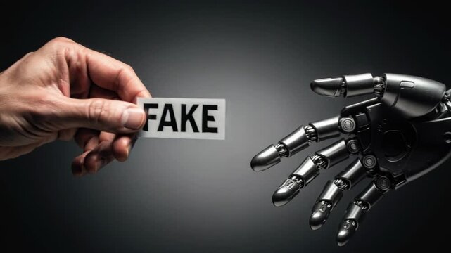 Human hand and robotic hand exchanging a card with fake text symbolizing artificial intelligence and human interaction