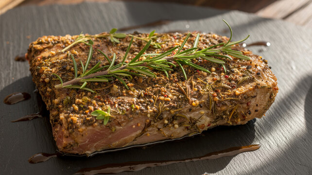 Buttery herb-crusted pastry with pan jus glaze, close-up