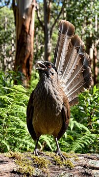 A male lyrebird displaying its tail feathers.