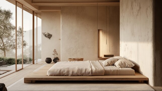 Japandi bedroom, low wooden bed, textured plaster walls, minimalist serenity generative ai