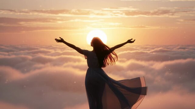 Woman enjoying a beautiful sunset above the clouds with arms outstretched in a flowing dress