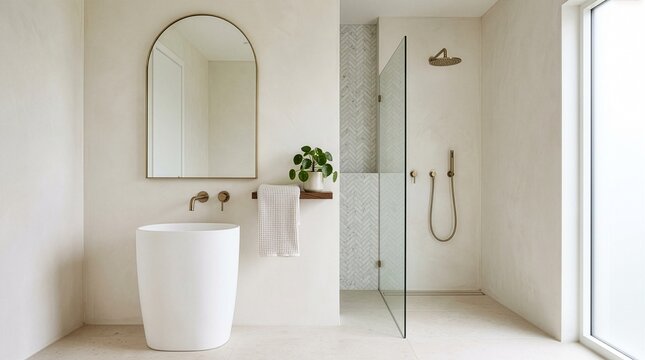 minimalist bathroom, white interior, brass fixtures, arched mirror, natural light, renovation inspiration, luxury washroom, copy space