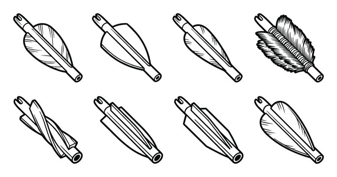 Various archery arrow fletching styles presented as line art icons.
