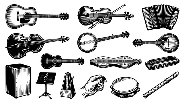 Vintage Musical Instruments Black and White Engraving Line Art Collection. Acoustic Guitar, Banjo, Accordion Set.