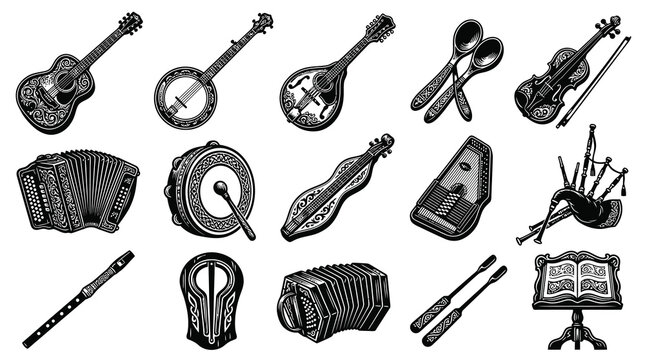 Vintage Engraving Style Black and White Set of Traditional Folk Musical Instruments