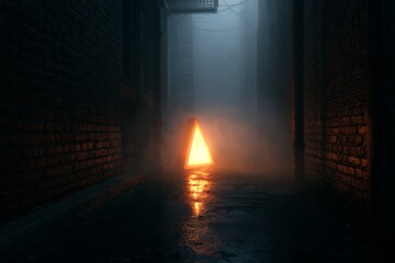 Obraz premium Rainy urban alley with triangle symbol