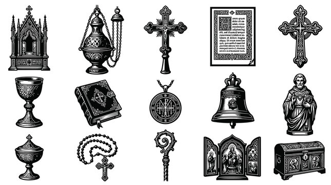 Black and White Line Art Collection of Christian Religious Symbols and Objects