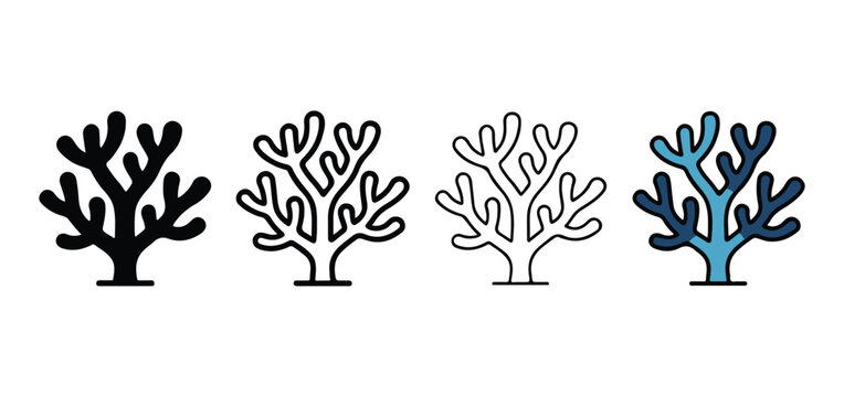 coral reef icons in black white and blue on a white background