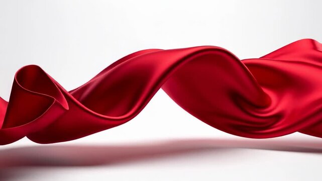 Flowing red silk fabric floating on white background with smooth texture and elegant curves