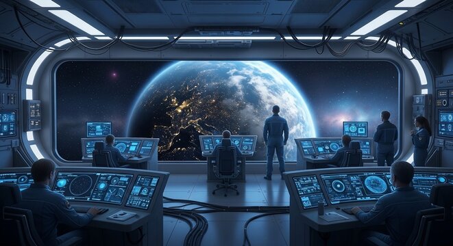Futuristic Control Room with People Monitoring Earth from Space Station