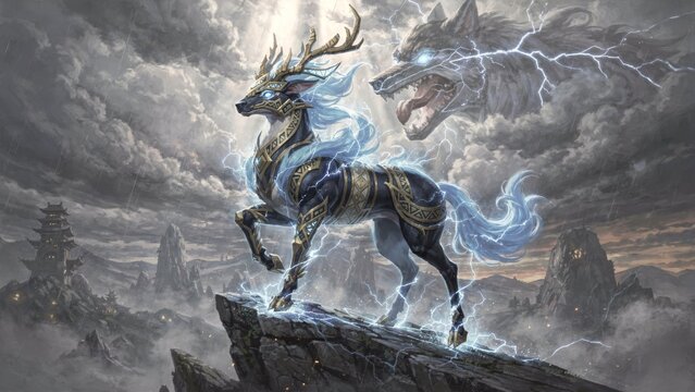 Wrath of Raijin &mdash; Mythical Beast Fantasy Game Concept Art, Cinematic Key Visual｜雷神の怒り &mdash; 和の幻獣 ファンタジーゲームコンセプトアート 和風幻想