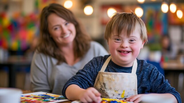 Portrait of mixed race boy age 8 with Down syndrome wearing apron doing art project in inclusive classroom. Joyful smile. Down syndrome awareness, inclusive art education concept.