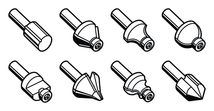 Woodworking router bit profile icons collection black and white line art