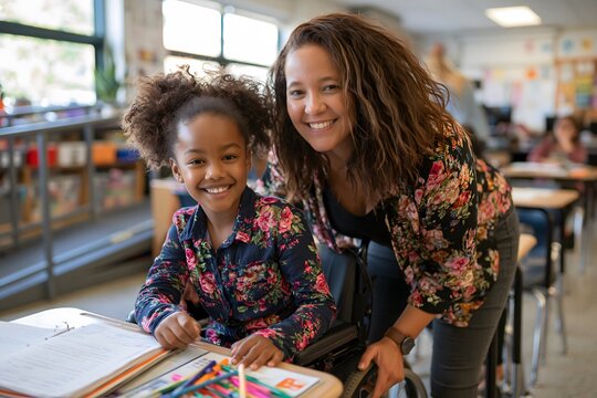 Portrait of African American girl age 8 in wheelchair at her desk in accessible inclusive classroom. Teacher standing beside her, both smiling. Accessible education, mobility support concept.