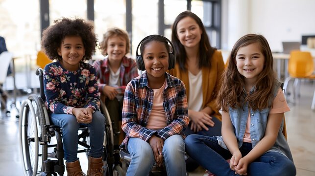Wide shot of diverse group of 4 elementary students age 7-9 sitting together. One child in wheelchair, others smiling. Inclusive teamwork, peer support, community building concept.