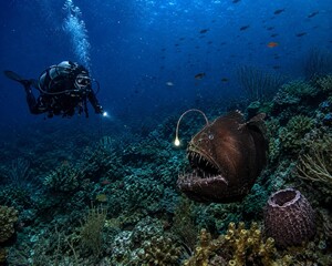 Scuba diver encountering anglerfish in deep ocean underwater scene © Bryan