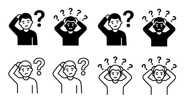 Set of confused people icons with question marks, vector illustration