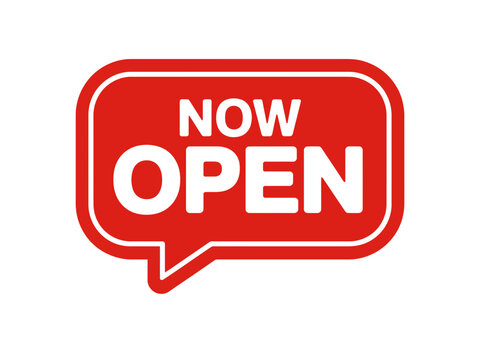 Now open sign graphic in bold red and white with business, announcement