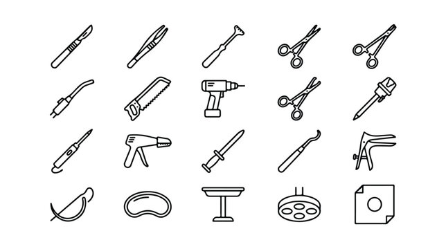 Surgical instruments vector icon set, medical tools for surgery, healthcare equipment, and hospital procedures. A collection of 20 outline icons for medical design and educational resources.