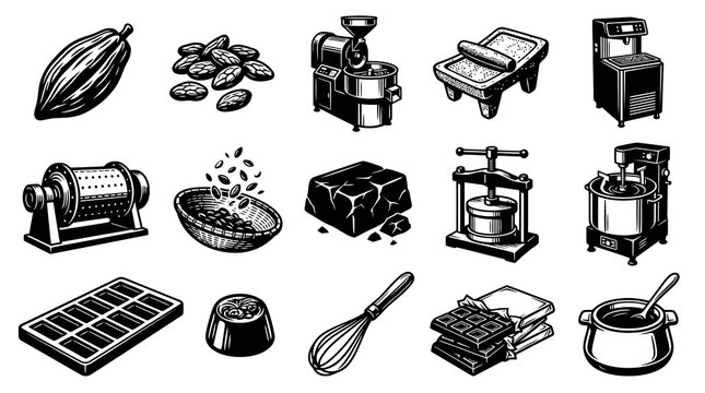 Chocolate Making Equipment Set - Black and White Line Art Icons
