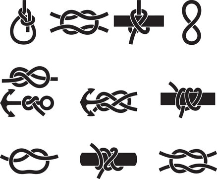 Collection of black rope knot silhouettes including various hitches, loops, and bends for sailing and climbing on white background