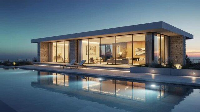 Modern luxury house with large glass windows and illuminated swimming pool at sunset with outdoor lounge chairs