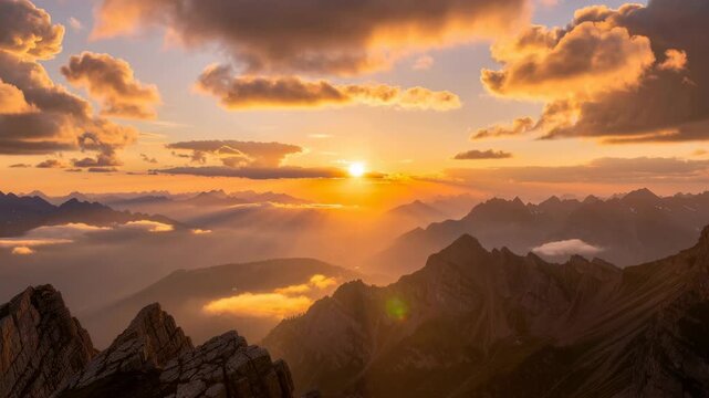 Stunning mountain landscape at sunrise with golden light and dramatic clouds over rugged peaks
