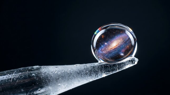 Spiral galaxy inside a glass sphere on an icy crystalline tip