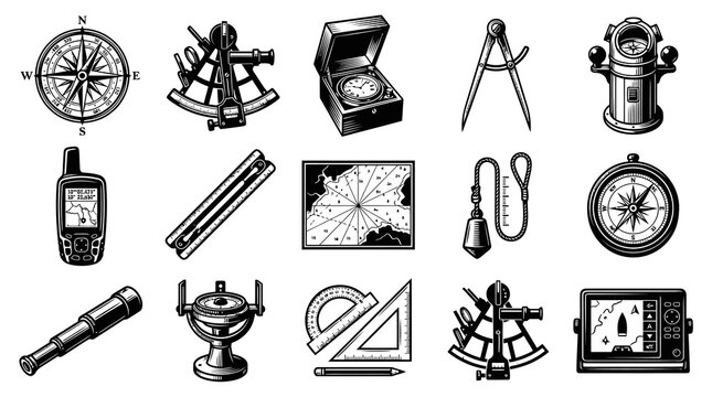 Black  White Line Art Icons Set of Marine Navigation  Surveying Tools and Instruments