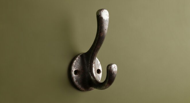 Metallic wall hook on olive green surface for interior design detail