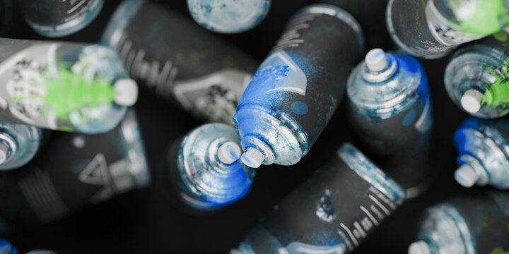 3d old spraypaint cans with paint on the cans, graffiti spray paint cans