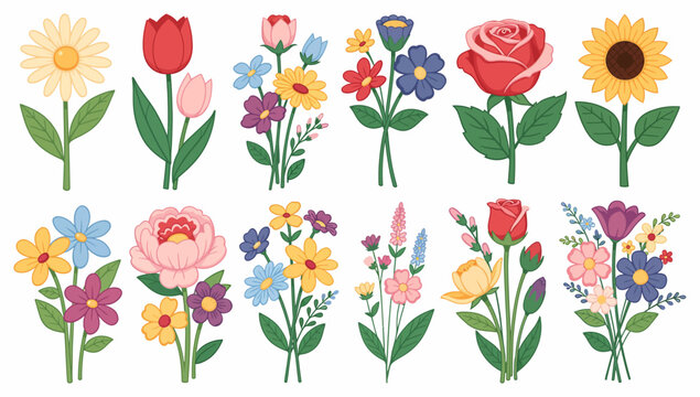 Set of Vibrant Colorful Floral Illustrations for Spring Nature Designs