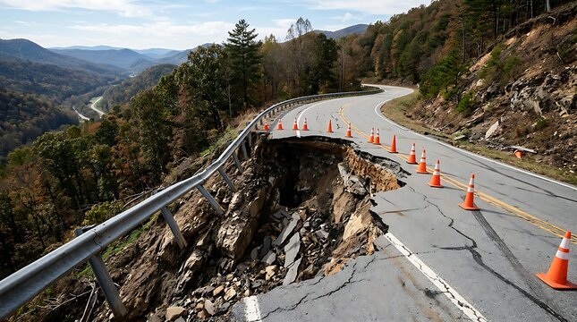 A major road collapse on a mountain highway, showing a large sinkhole or landslide that has destroyed part of the asphalt, with orange traffic cones marking the danger zone