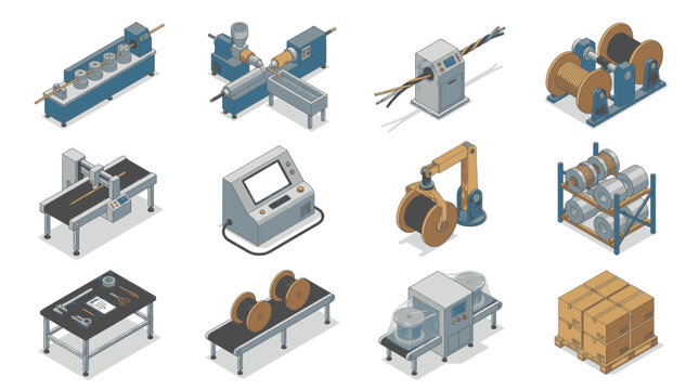 Isometric industrial machinery and equipment for manufacturing and production processes.