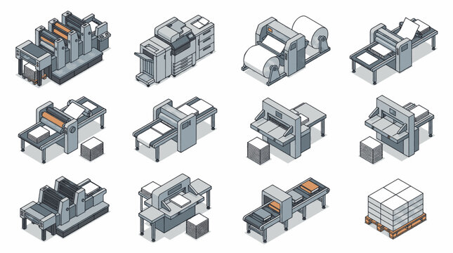 Collection of isometric printing machines and equipment for industrial use.