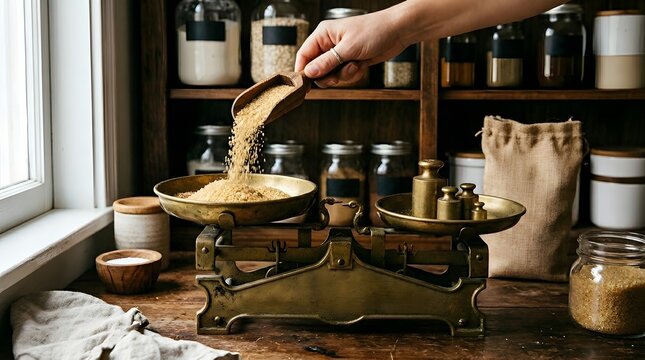 Close up of a hand pouring raw organic sugar onto an antique brass balance scale inside zero waste shop