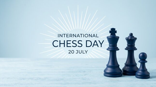 International chess day graphic with chess pieces on light blue background