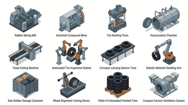 Set of isometric icons representing various machines and equipment used in a tire manufacturing factory, including a rubber mixing mill, vulcanization chamber, and robotic arms.