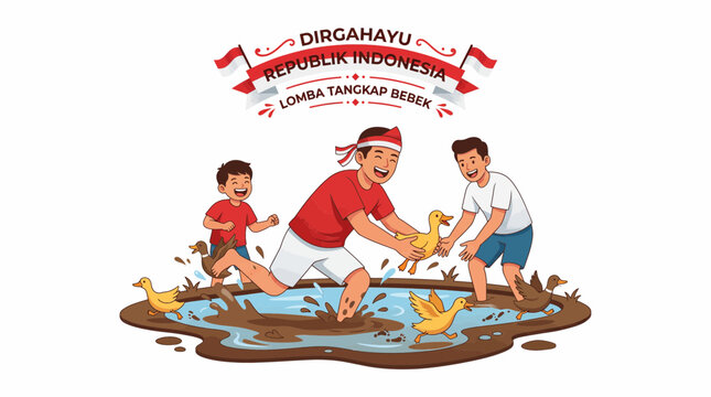 Indonesian men and boys celebrating Independence Day with a traditional duck catching race in a muddy puddle, wearing red and white attire.