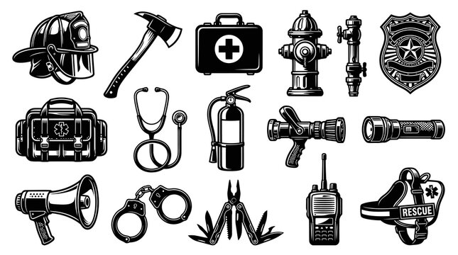 Emergency Services Tools Black and White Line Art Set with Firefighting, Police, and Medical Rescue Equipment