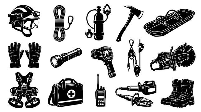 Black and White Firefighting and Rescue Equipment Vector Set. Emergency Services, Safety Gear, Tools Icons.