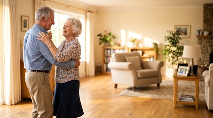 Fototapeta premium Smiling elderly couple dancing happily together in sunny living room