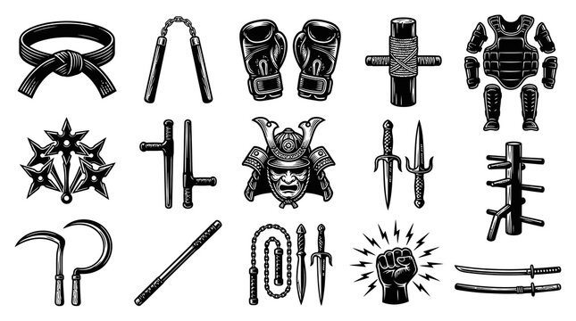 Black and White Vector Icons of Martial Arts Weapons and Equipment