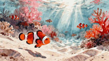 Ocean Charm Clownfish in Coral Reef isolated watercolor vector illustration svg © Arun168