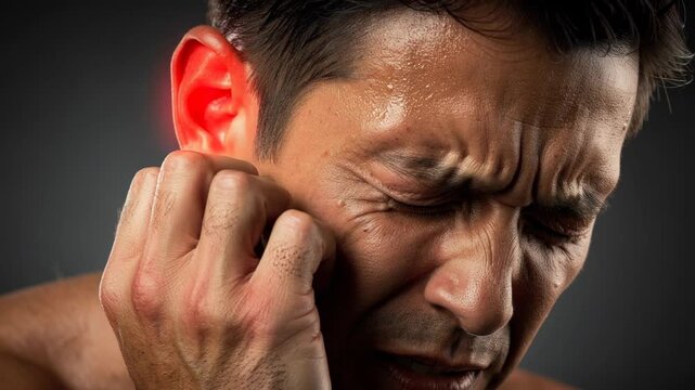 Close up of man suffering from severe ear pain showing discomfort and inflammation