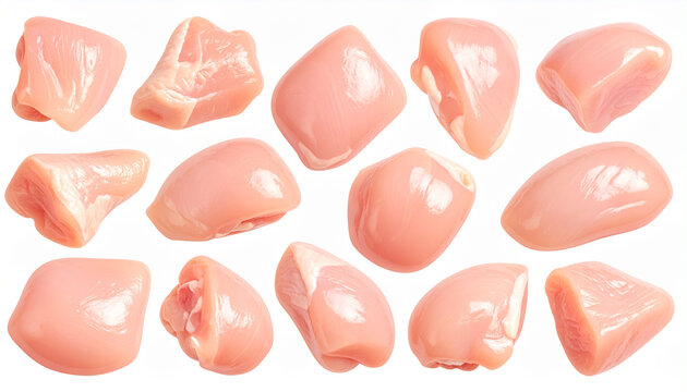Raw chicken pieces isolated on white background ready for cooking