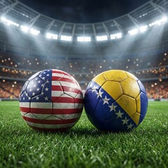 Obraz premium Soccer balls with flags of usa and bosnia and herzegovina on a stadium pitch